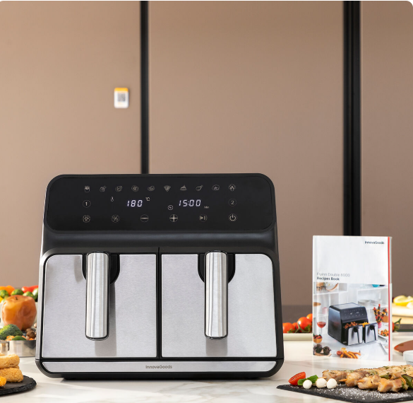 Friggitrice ad Aria InnovaGoods Fryinn Double 8000 Nero 3400 W 8 L Acciaio inossidabile