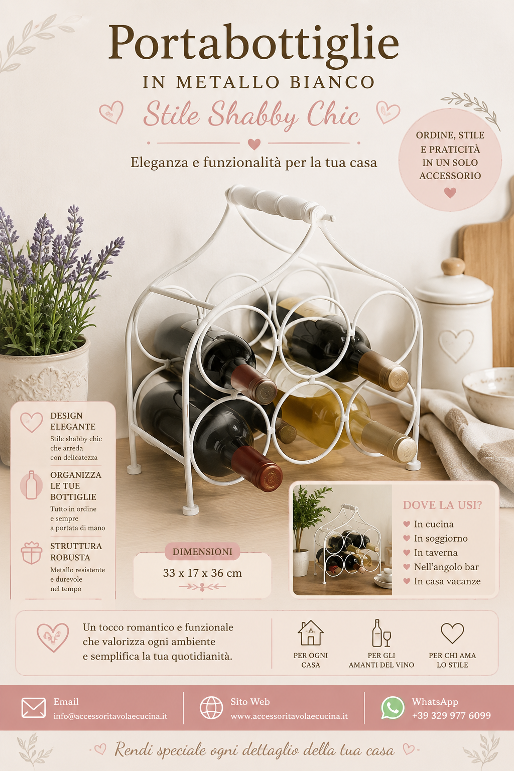 Portabottiglie in Metallo Bianco Shabby Chic 33x17x36 cm — Porta Vino da Tavolo Elegante per Cucina, Soggiorno e Taverna